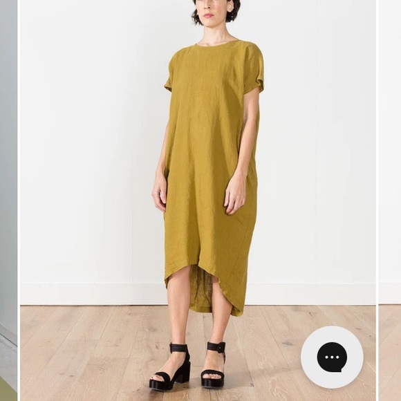 Deep mustard Black Crane 100% LINEN pleated cocoon dress - Picture 2 of 8